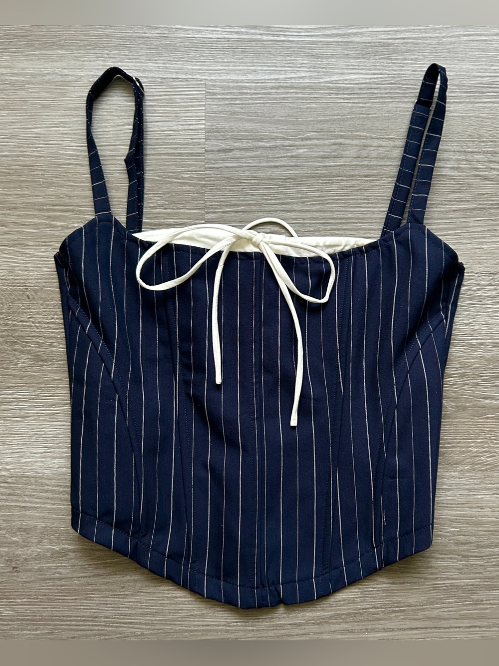 Edikted Navy/White Pinstripe Peekaboo Drawstring Corset Size medium NWT